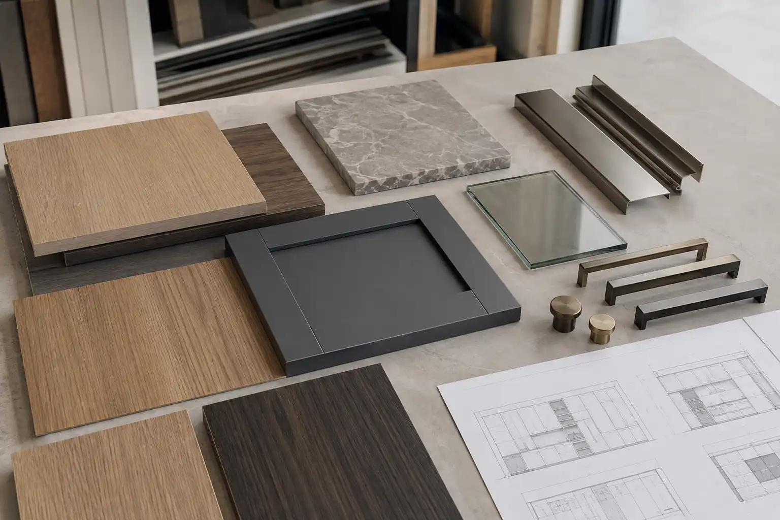 1c570994 fd09 4dc2 b44d fa34ae1efbaf Villa cabinet materials including veneer, lacquer, stone, metal, and hardware samples.