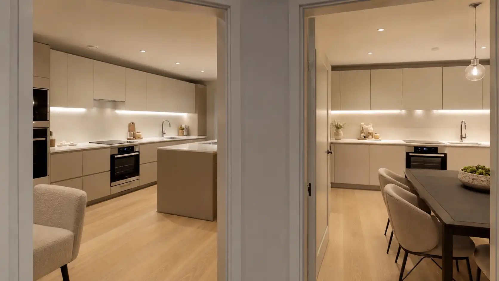 Consistent warm-white custom cabinet finishes across a multi-unit apartment project.