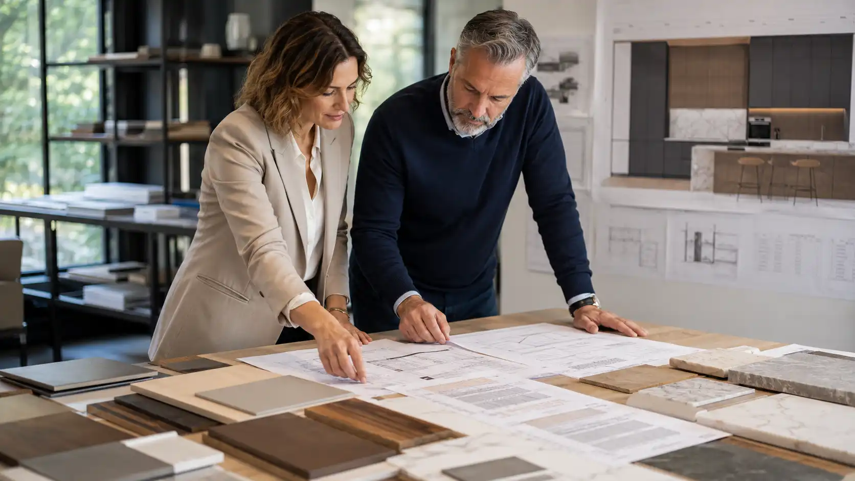 procurement team comparing custom cabinet quotations with drawings and material samples