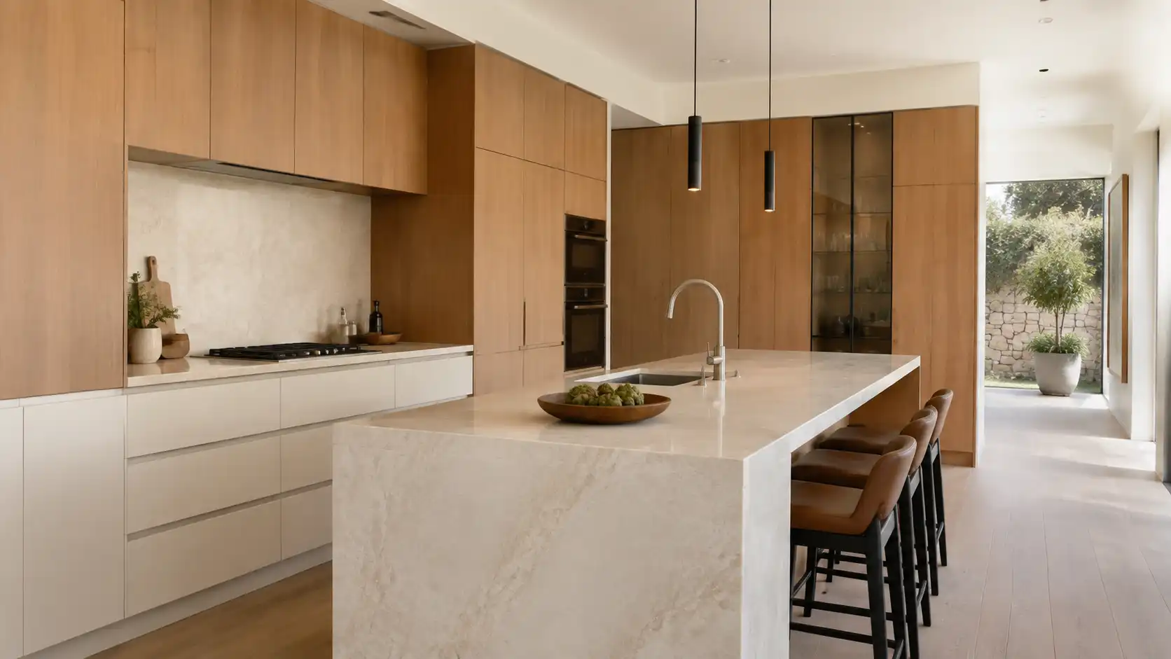 luxury kitchen combining oak veneer tall cabinets and matte lacquer base cabinets