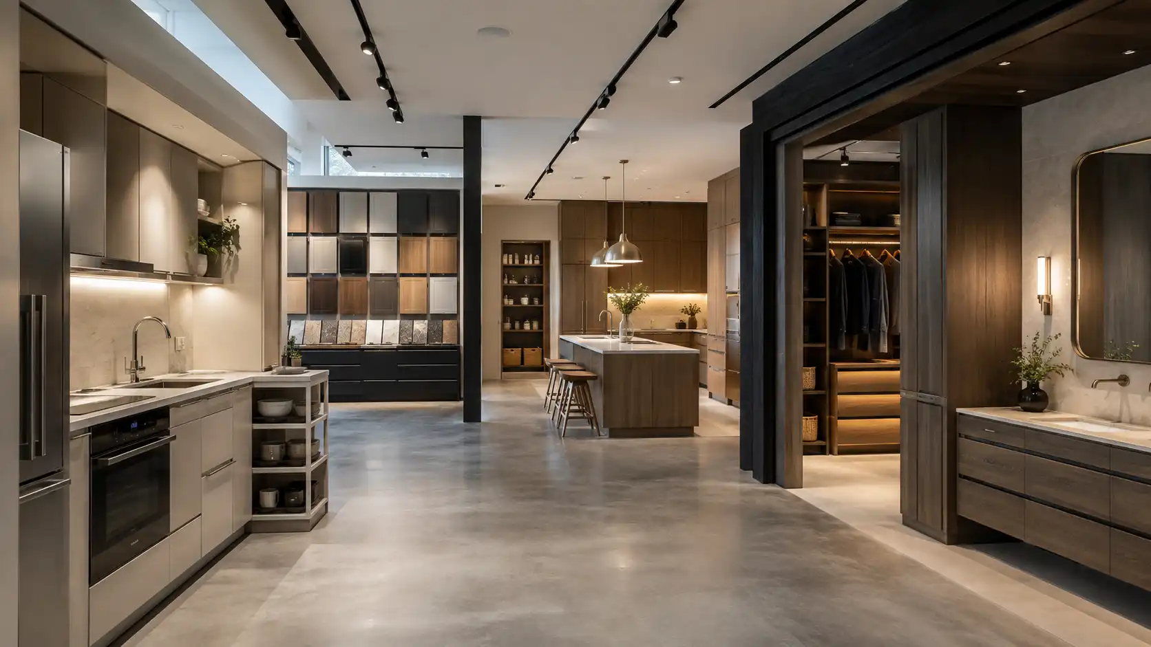 Cabinet dealer showroom with kitchen, wardrobe, and vanity product-line displays.