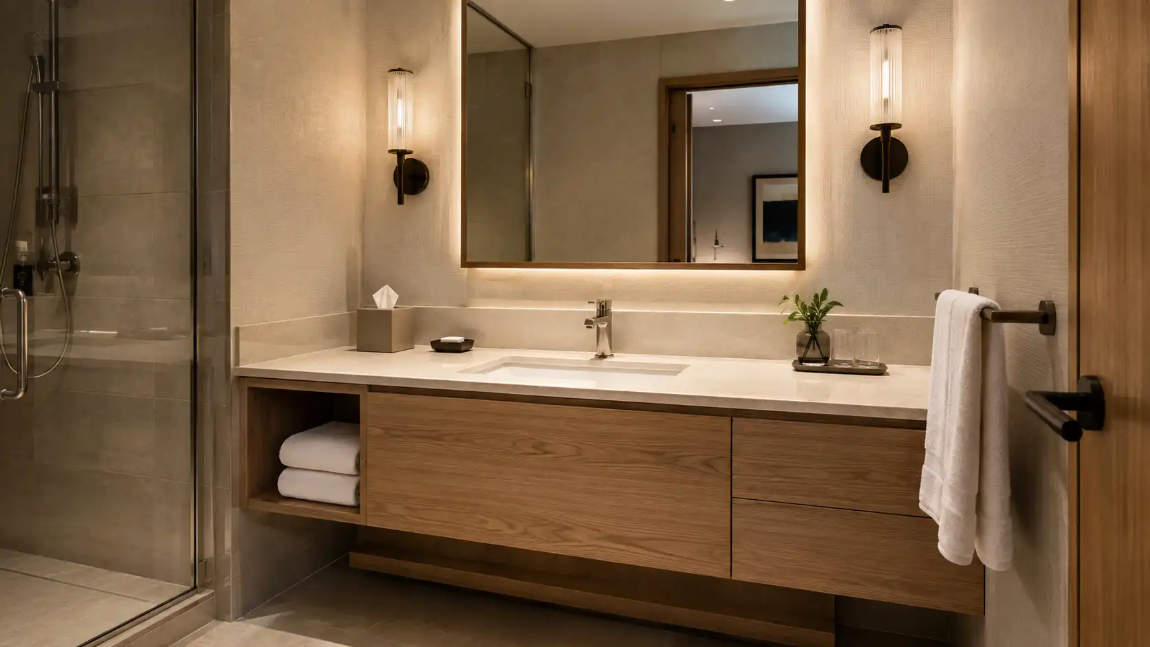 Hotel guest bathroom with a floating custom vanity, stone counter, and moisture-conscious cabinet design.