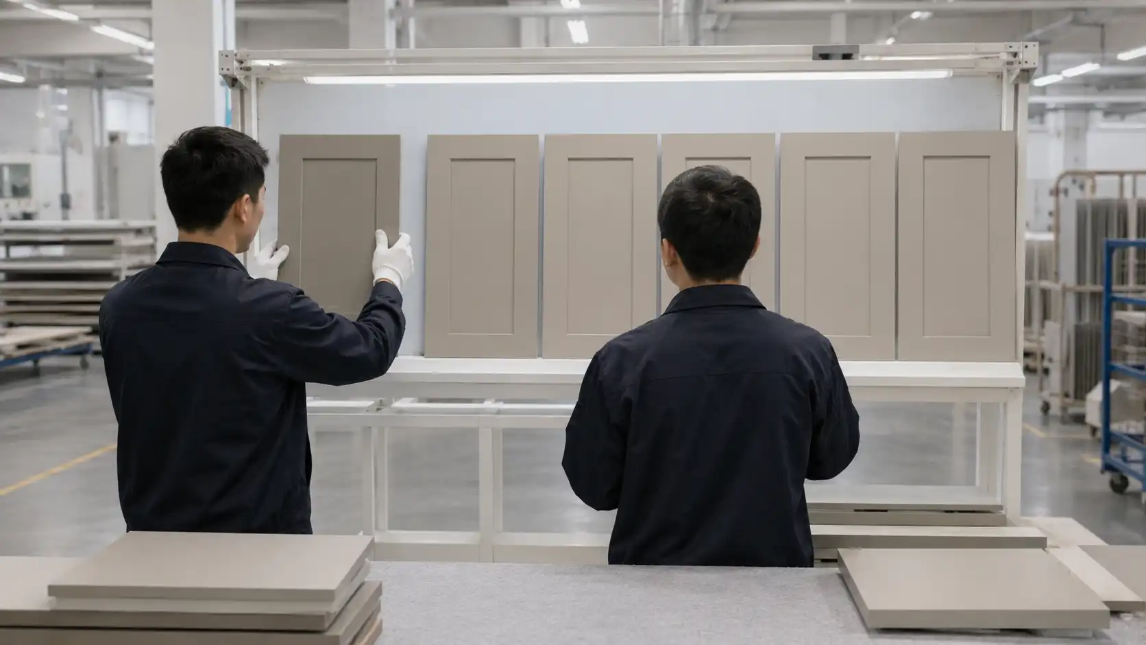 4b298d69 eeed 46bc 8661 b23d48df3fcb Cabinet doors checked side by side against an approved finish sample in factory QC.