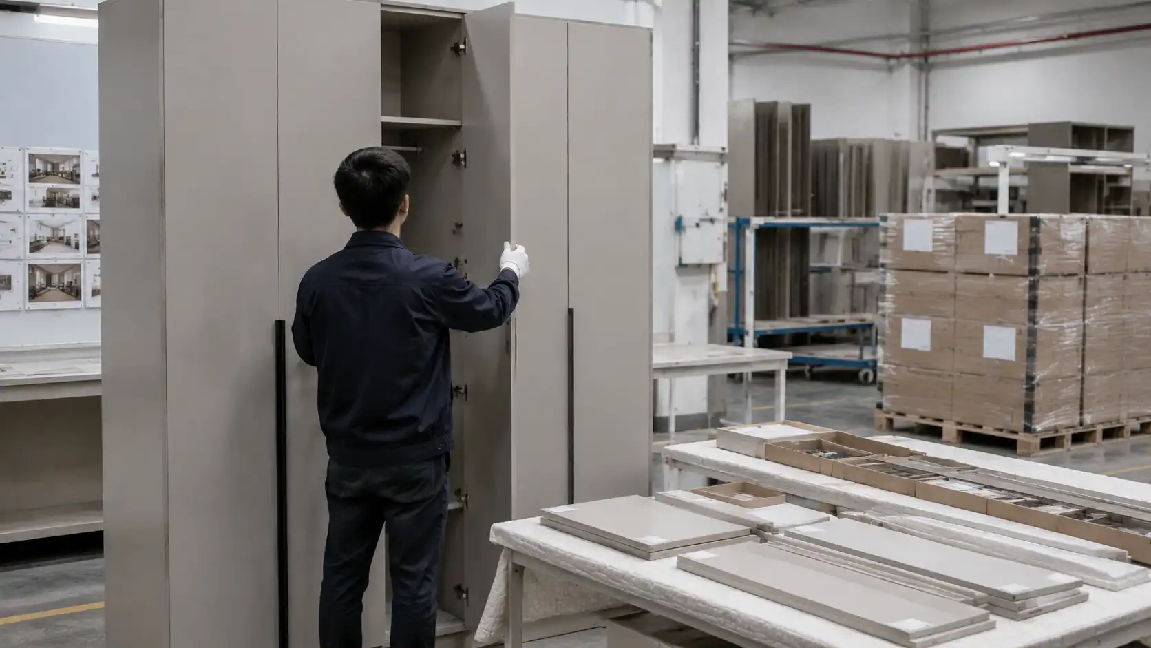 4d6d9808 1c00 4b53 9c4f b3bf32eb8b0b Factory quality control on full-height custom wardrobe components for a villa project.