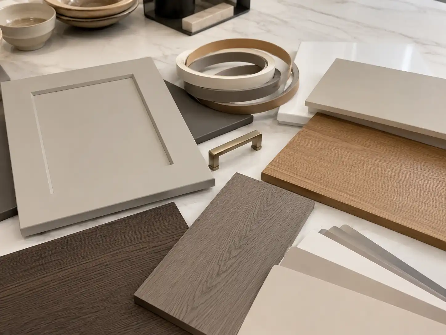 54093354 a5f1 4624 8e49 2fc8b5ab242e Physical cabinet finish samples with matching edge banding for batch color approval.