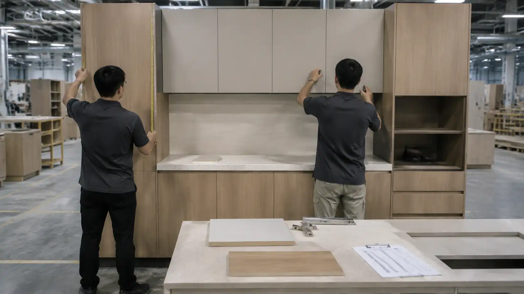Factory team conducting first-piece quality control on apartment kitchen cabinets.