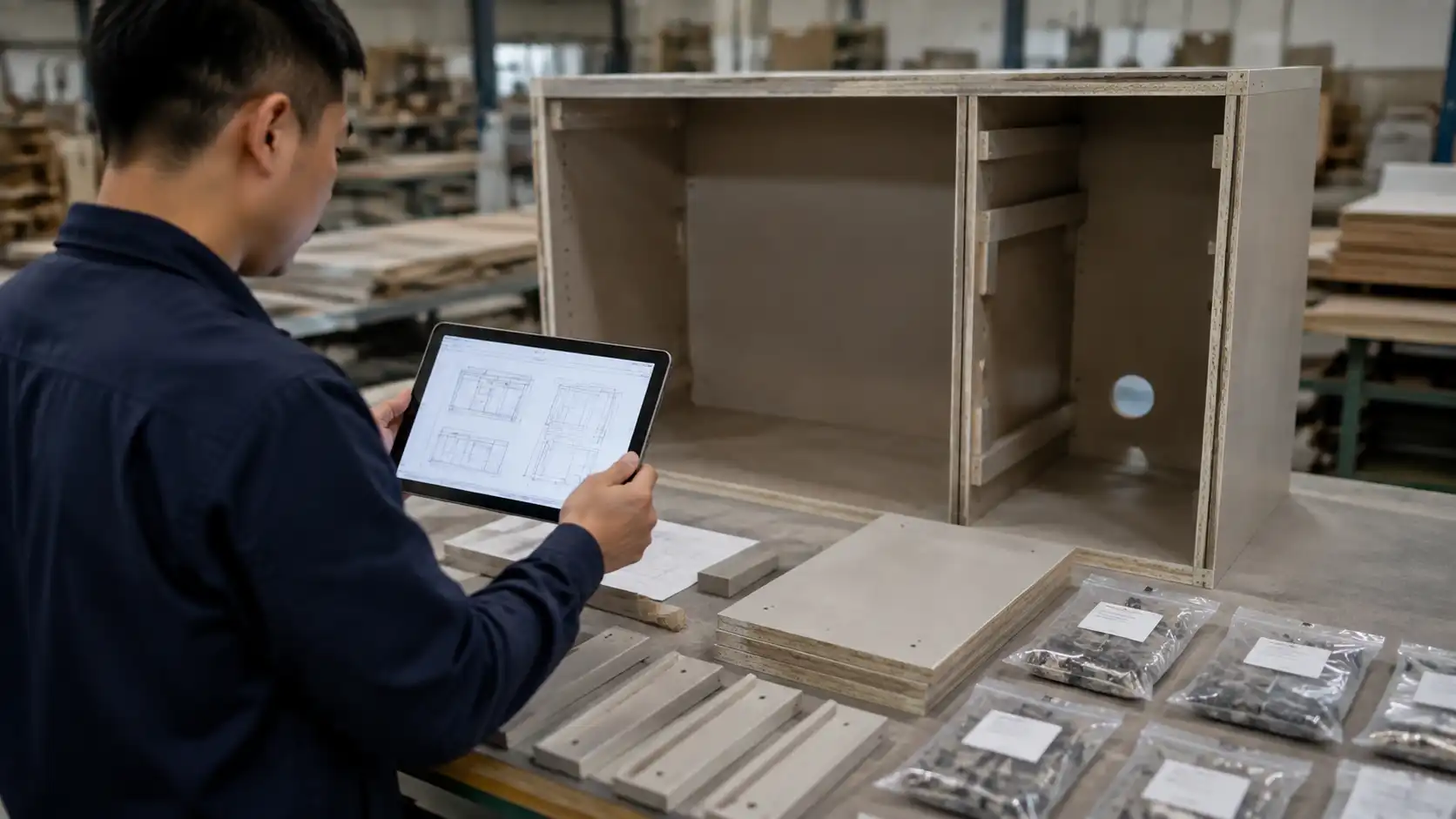 6dbaf2a0 5827 474f 9510 d90a9c29ffd4 Factory quality-control check comparing cabinet components with approved production drawings.