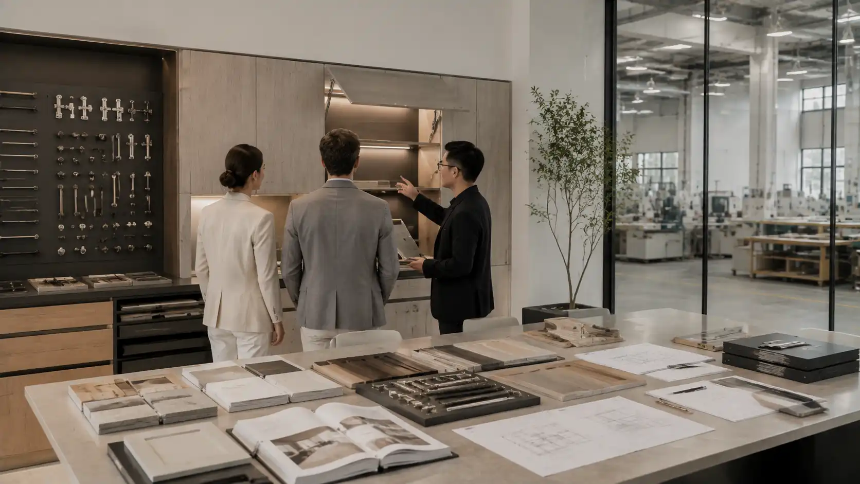 B2B buyers reviewing custom kitchen cabinet samples with a factory engineer for an OEM ODM program