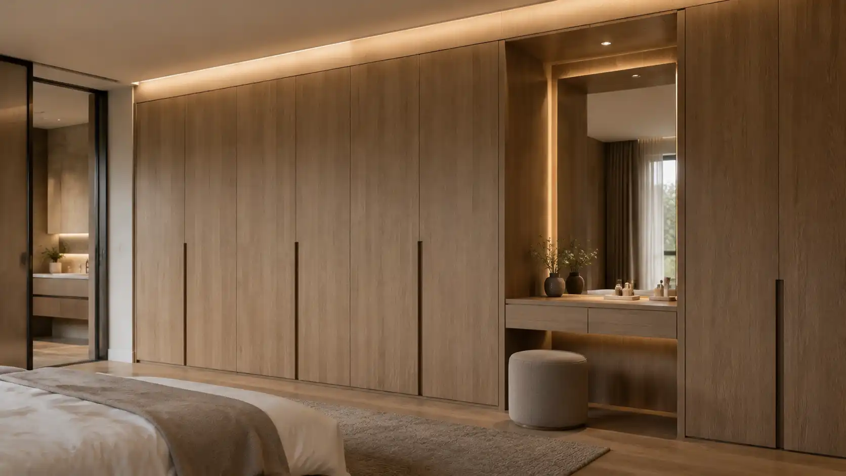 81eab401 4ae6 4563 aa36 b79d55d4658c Full-height veneer wardrobes aligned with villa wall panels and integrated lighting.