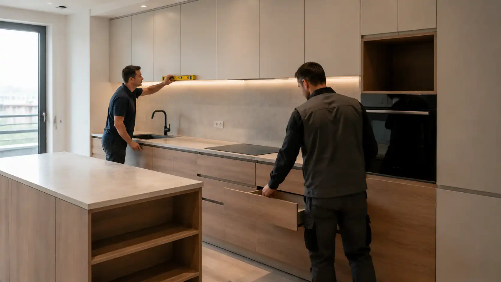 8a61677a 1021 4334 8642 5e6f4c6b762e Contractor inspecting a pilot kitchen installation before multi-unit cabinet rollout.