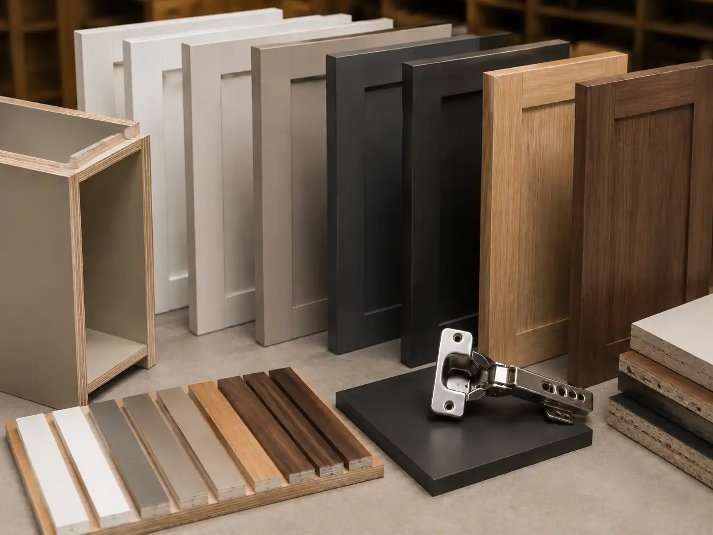 cabinet showroom finish samples with melamine PET painted MDF veneer plywood edge banding and hinge