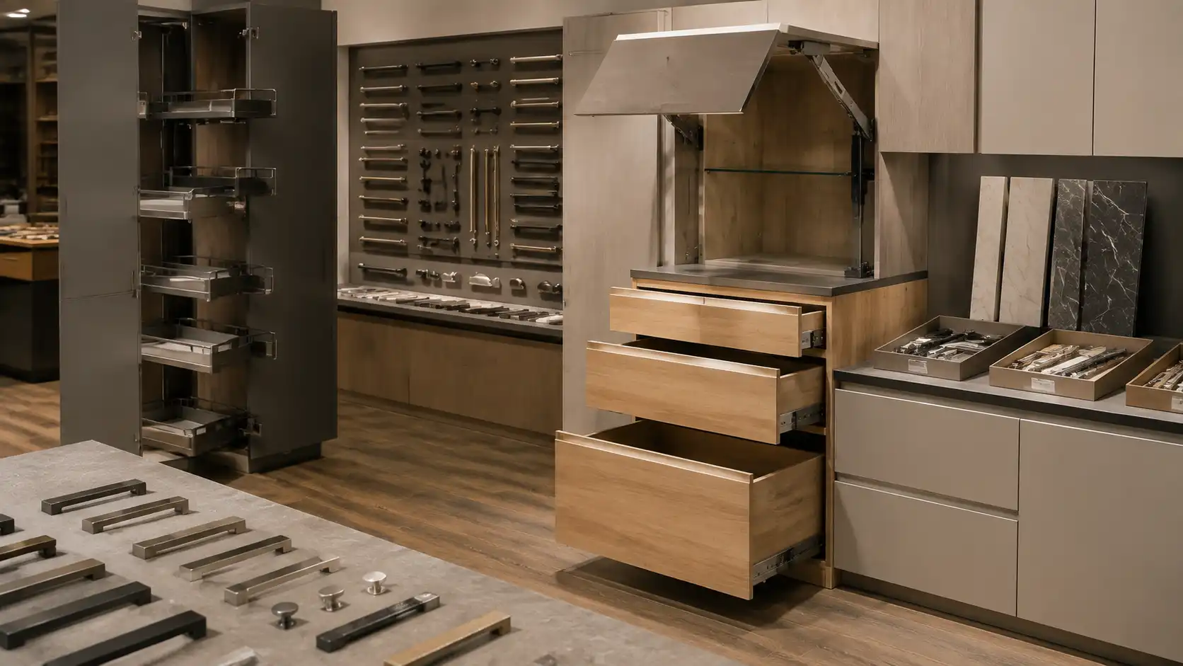 cabinet showroom hardware station with soft-close drawers pantry pull-out and lift-up door