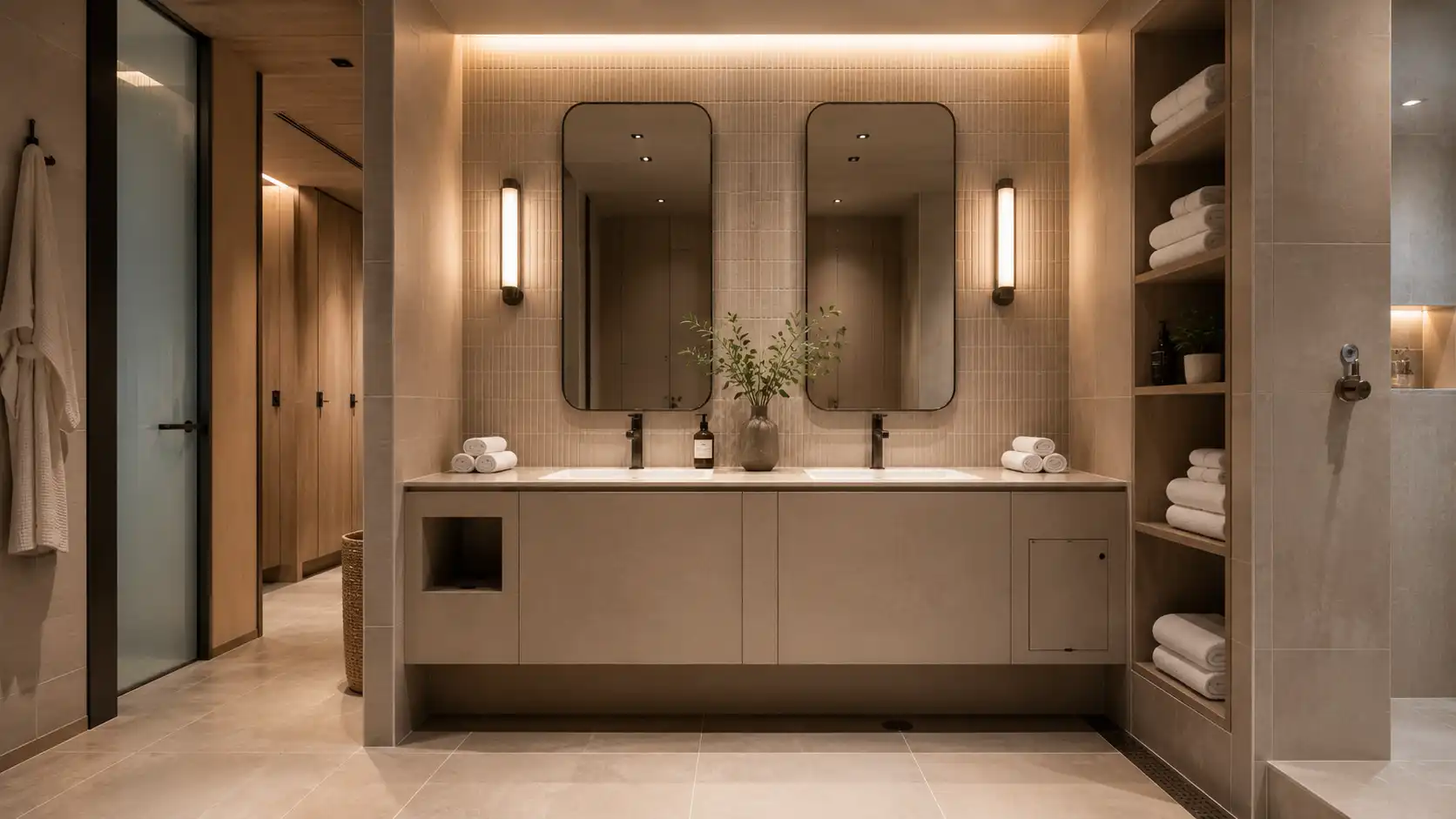 a4391ebf 1647 49d0 a35c d81c9e841c76 Hotel spa wash area with durable vanity units designed for high moisture exposure.