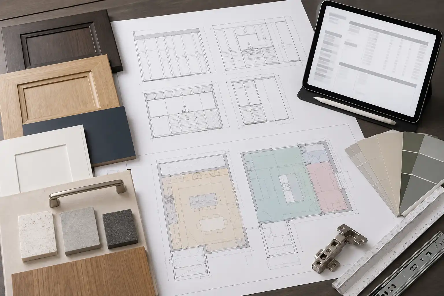 Apartment cabinet drawings and material samples organized by unit and room.