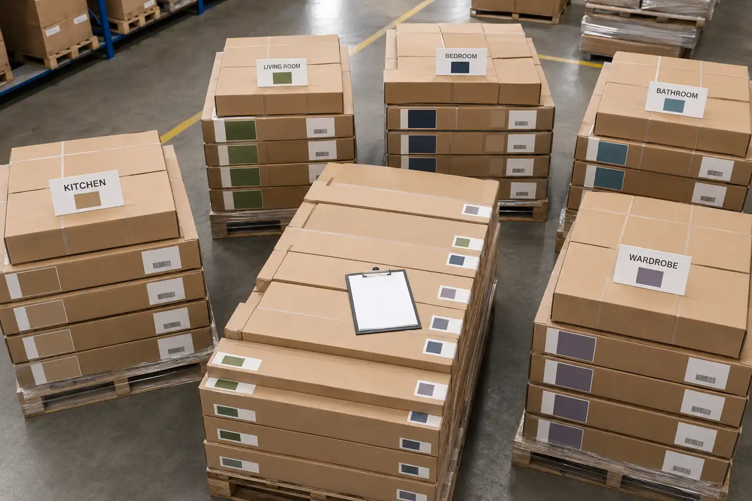 Cabinet cartons organized by room and cabinet code for phased project installation.