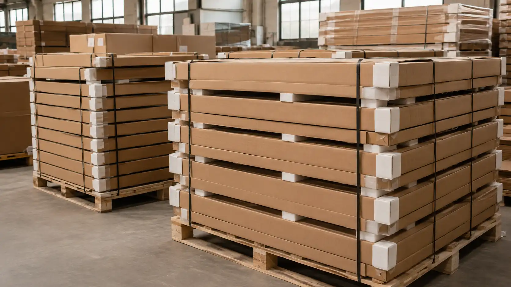 Export-ready flat-packed custom cabinets protected for international shipping.