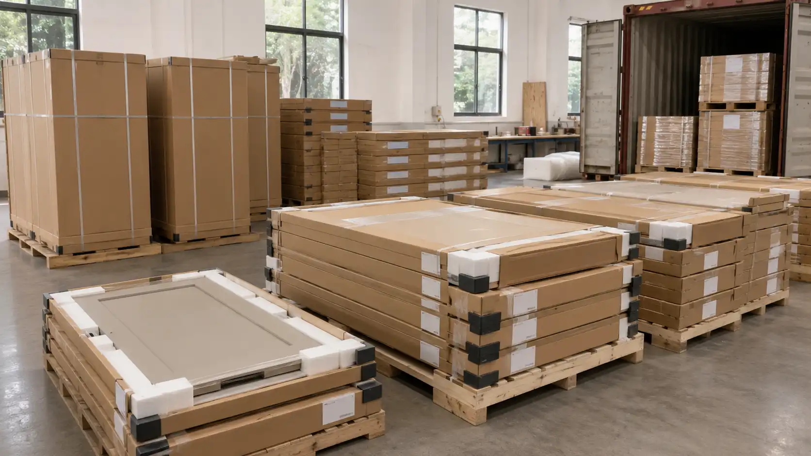 cf4f8c4d 747f 4586 975e 4e907a2652ba Flat-packed custom cabinets protected and labeled by room for international project installation.