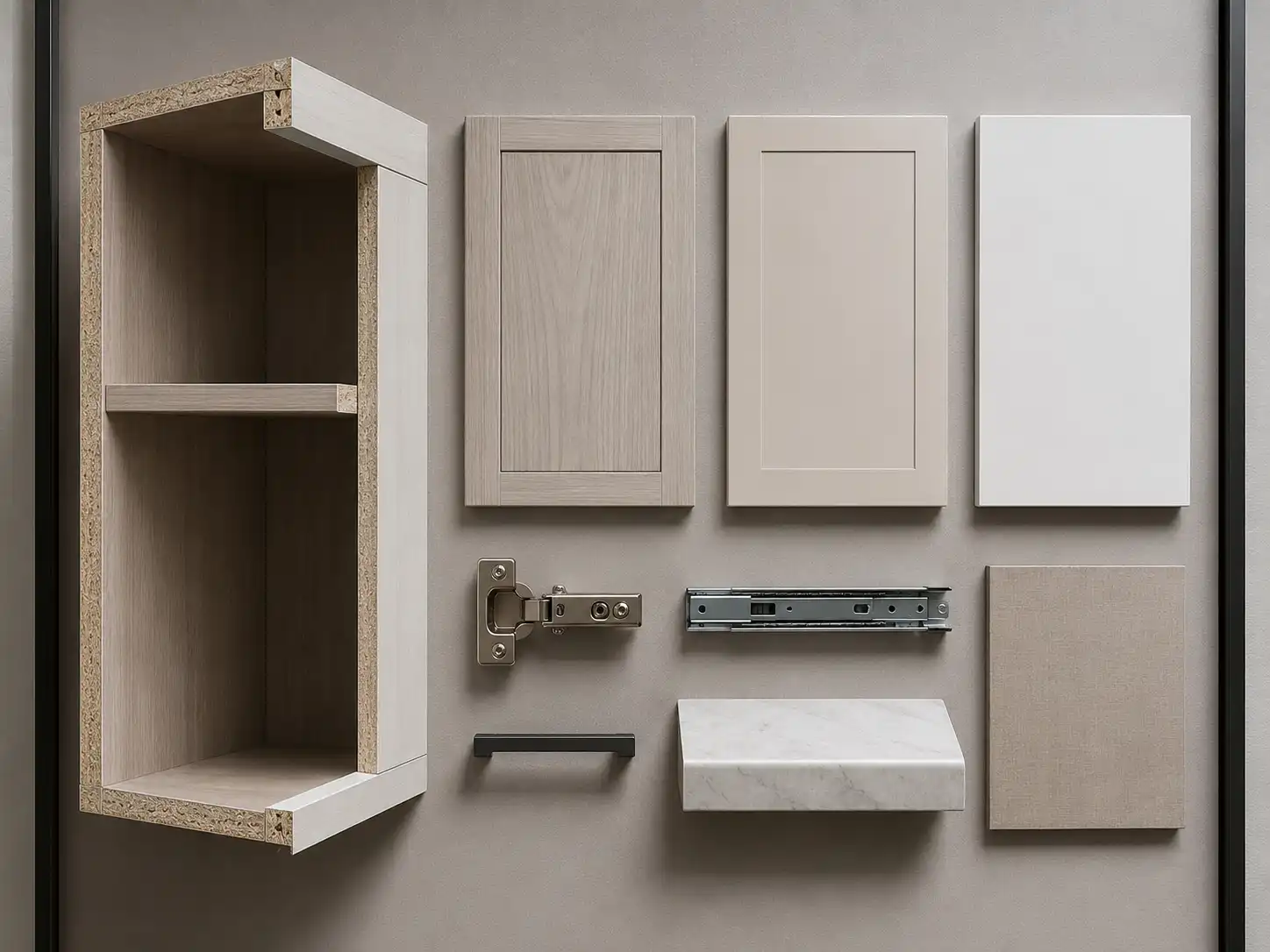 d1d96e12 ee6e 4515 abb0 5d6dcb1b00ba Cabinet material and hardware cross-section display for showroom buyer consultations.