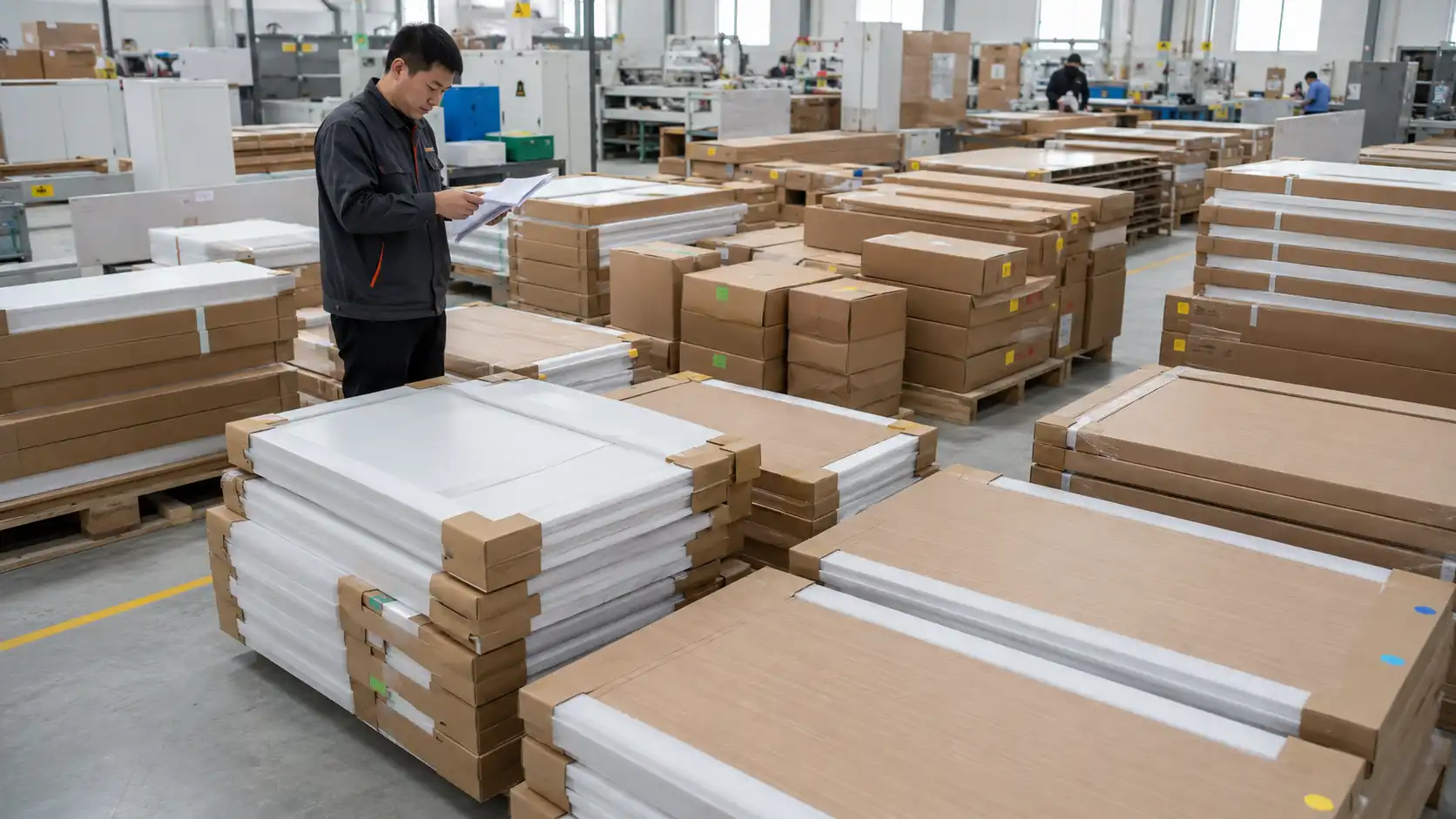 dd123b2d b3ee 44ee b607 b42a597e6afc Labeled flat-pack custom cabinets prepared for overseas showroom or project installation.