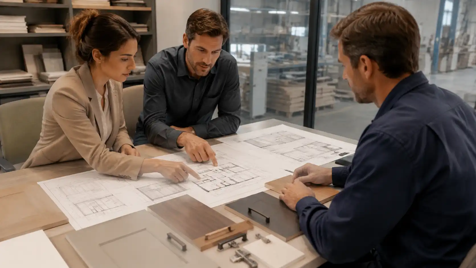 e2b6a465 2337 41e3 b620 ea28fa09b2e4 Contractor, designer, and cabinet engineer reviewing coordinated kitchen cabinet drawings.