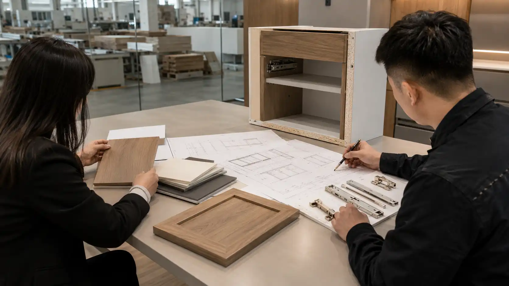 e48cdb6c 6716 4353 8dc5 e343b1cb8df4 Cabinet dealer and factory team reviewing drawings and finish samples before production.