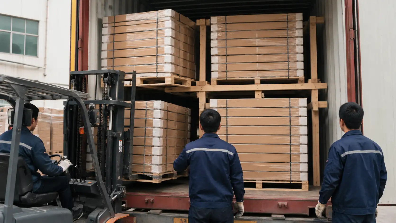 Palletized custom cabinet cartons secured inside a container for overseas shipment.