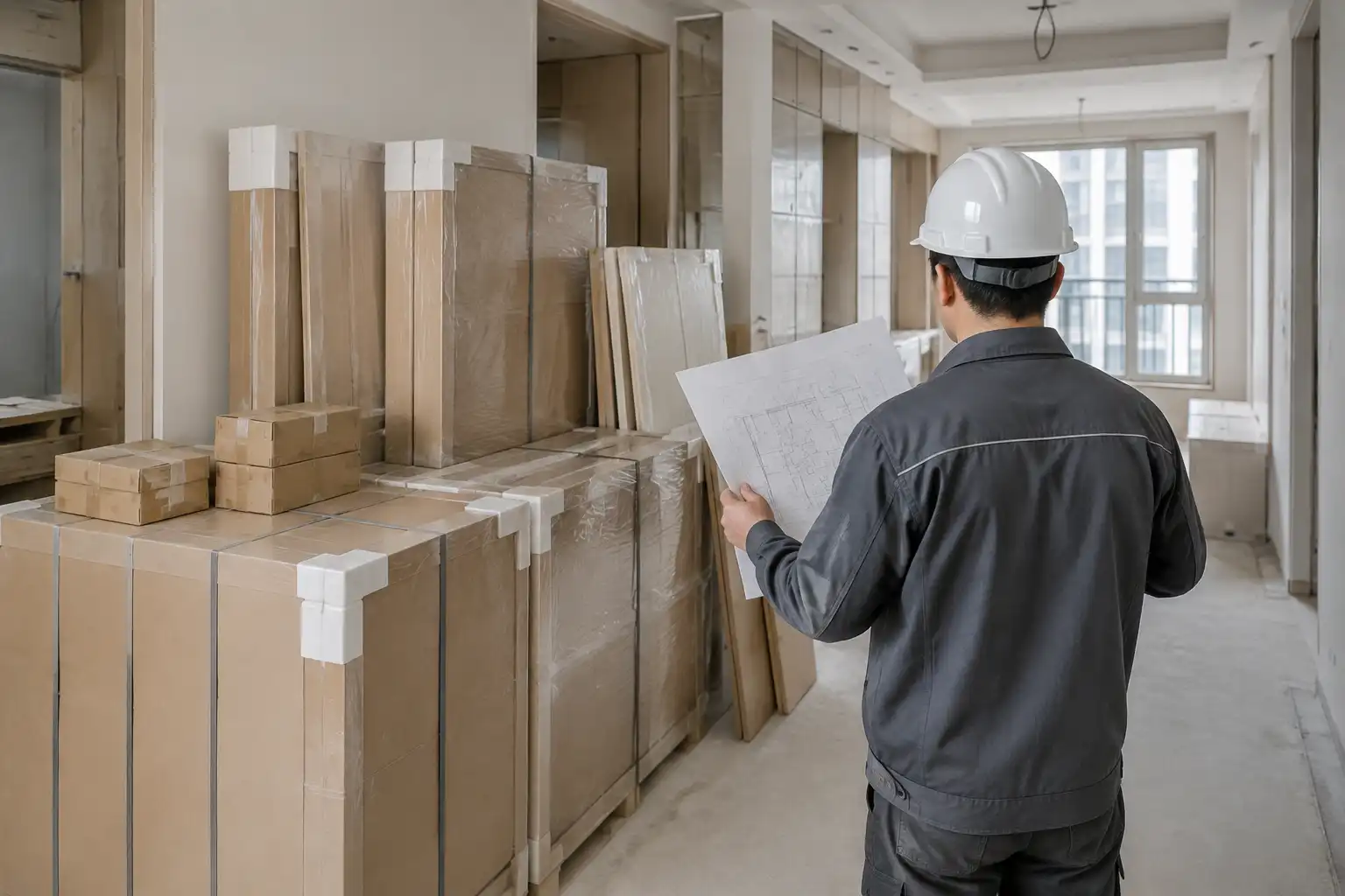 Contractor checking room-coded apartment cabinet deliveries against installation drawings.