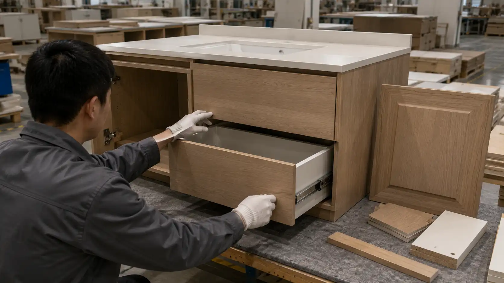 efbbaf7b 48d8 4ef4 9ddb acd69e473140 Factory quality-control inspection of a hotel bathroom vanity mock-up and finish sample.