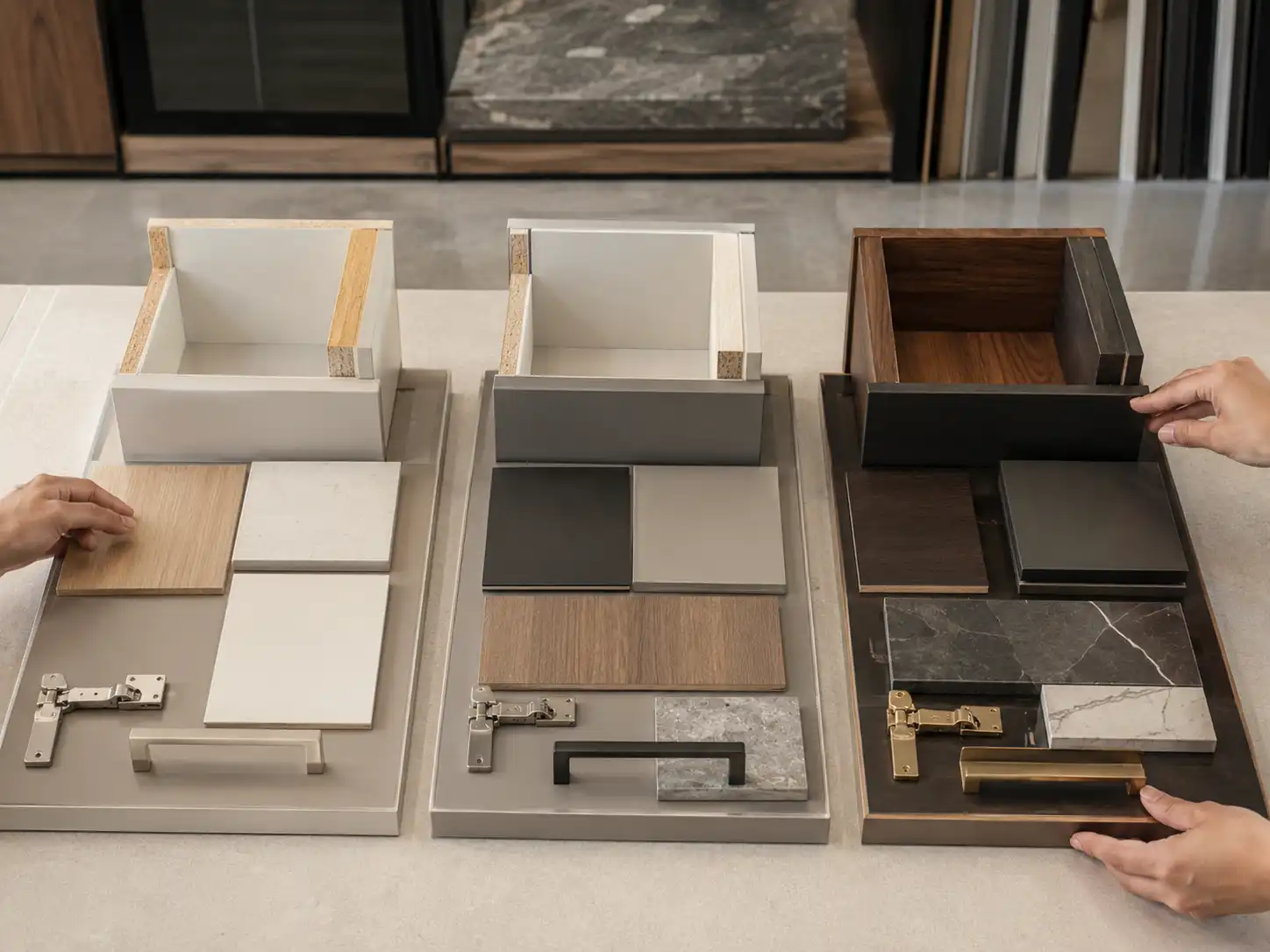 f4ba1f6e 4c81 46b0 8f4b 9d8478e25f9e Cabinet showroom product-line planning with entry, mid-market, and premium samples.