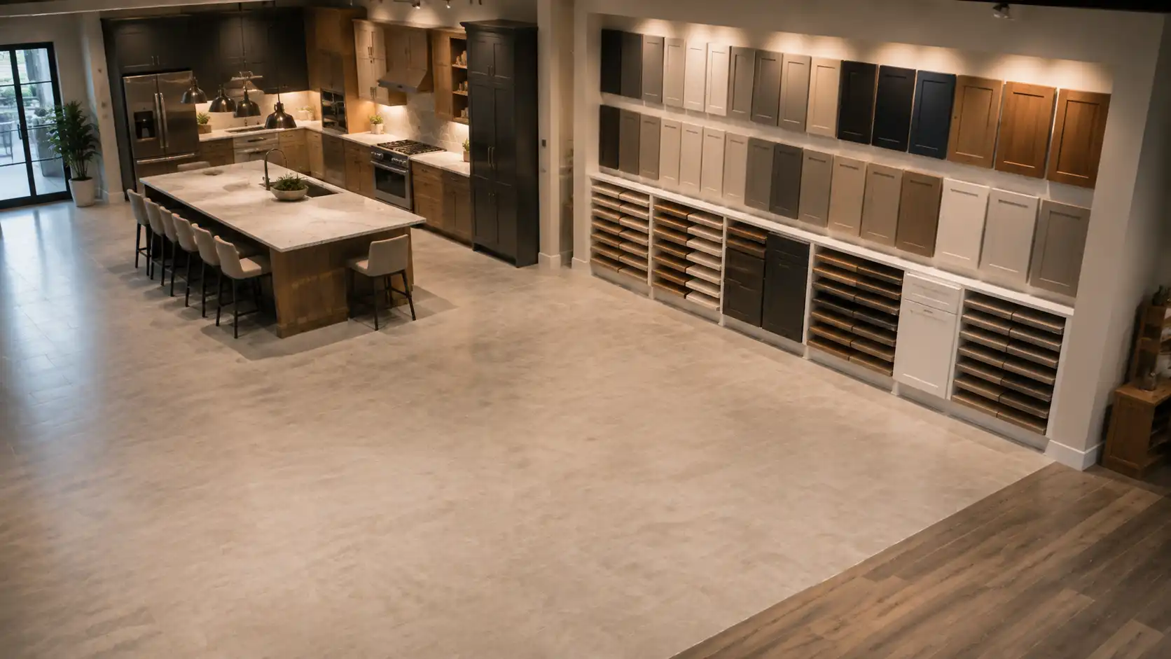 compact cabinet showroom layout with kitchen displays finish samples carcass cutaway and hardware station