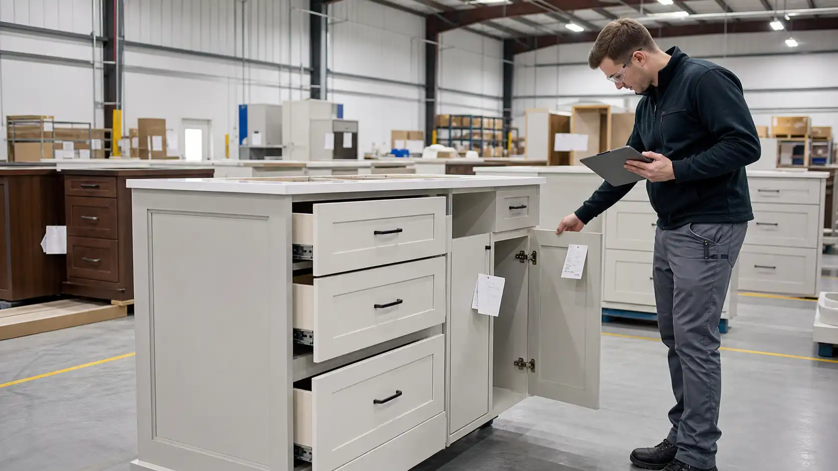 week 5 02 cabinet factory quality control room-coded custom cabinet export packing with protected panels and separate hardware packs