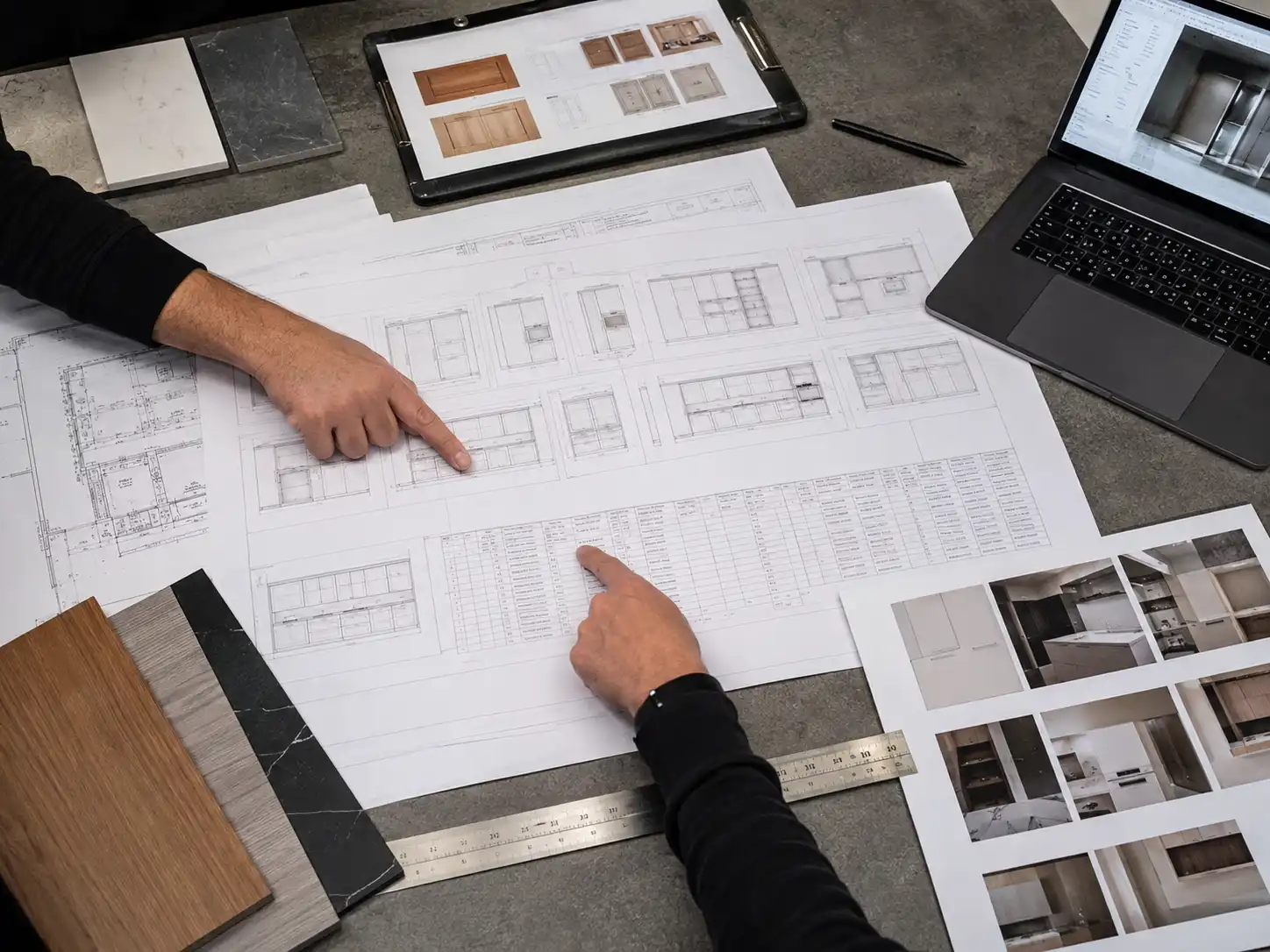 Cabinet shop drawing and material samples reviewed before multi-unit production.