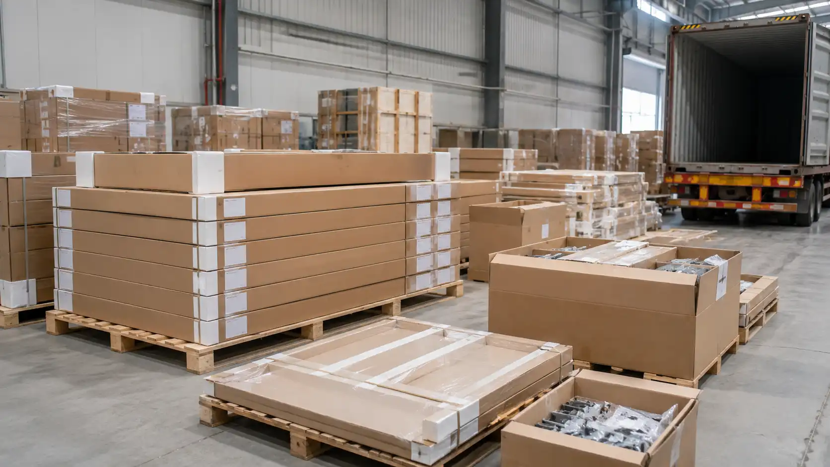 2026 09 03 08 33 59 Protected flat-pack custom cabinet cartons organized for overseas project delivery.
