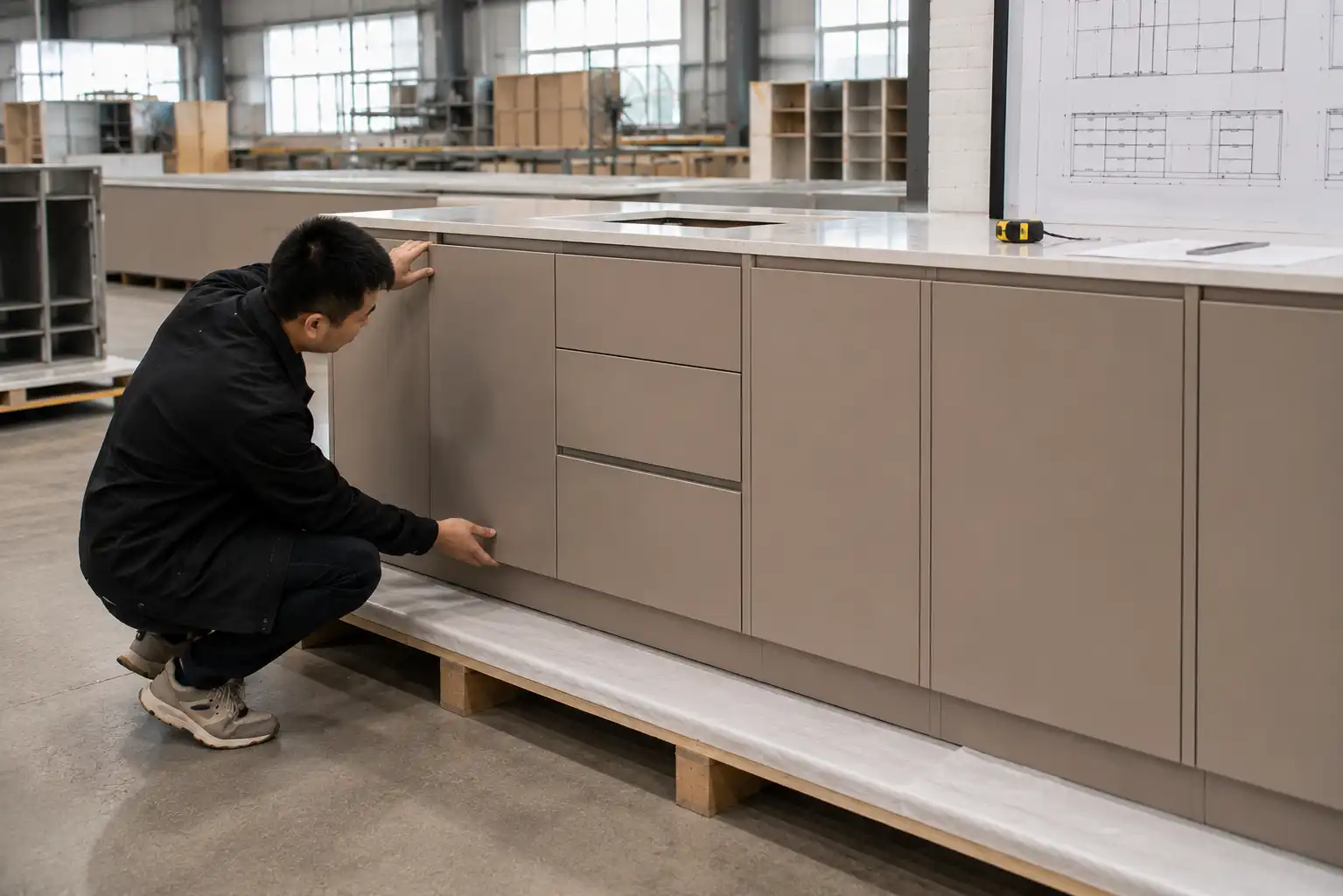 2026 09 03 08 34 01 Inspector measuring a finished custom cabinet before project shipment.