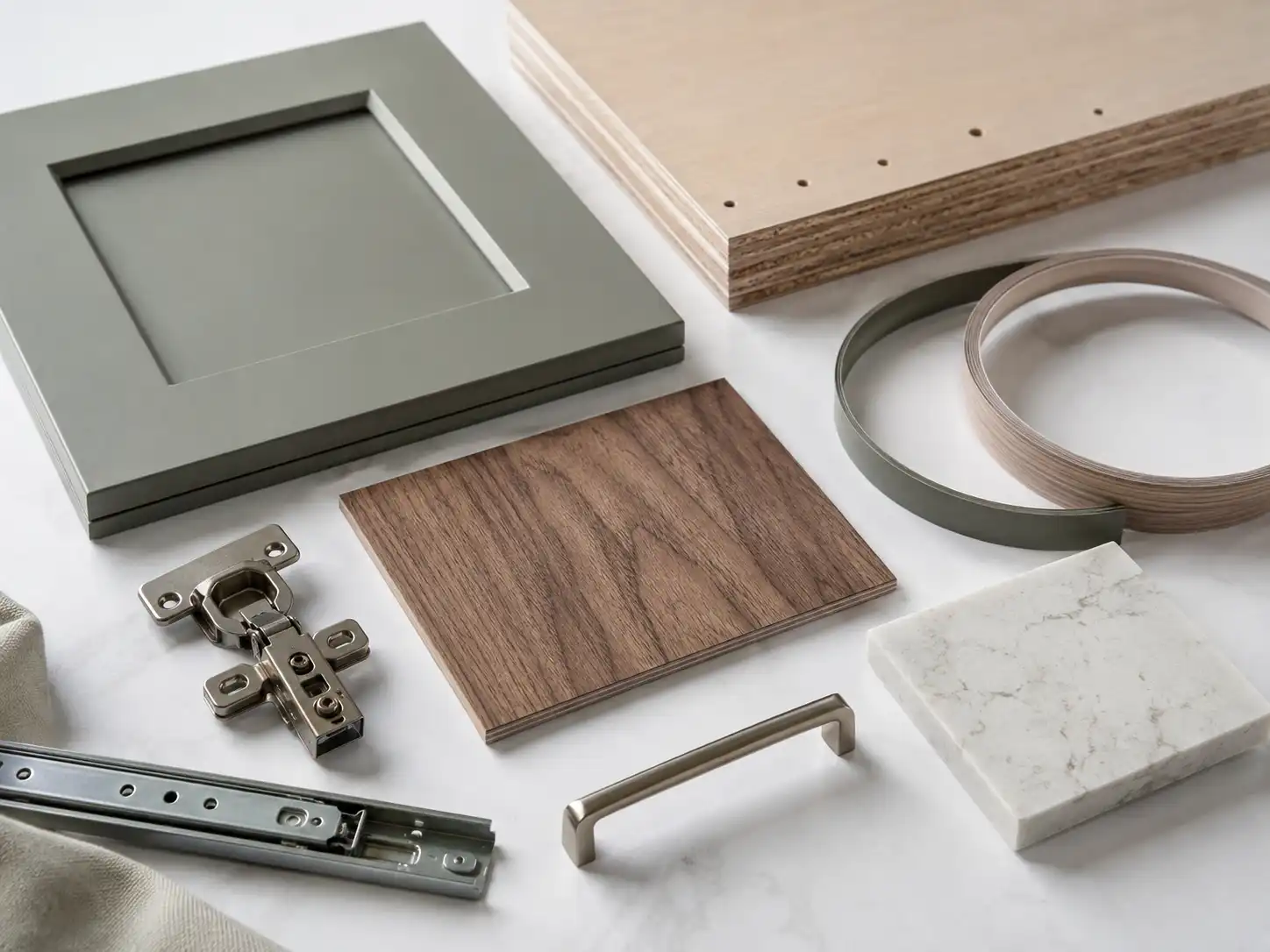2026 09 03 08 34 05 Custom cabinet door, carcass, edge banding, hardware, and stone samples for specification approval.