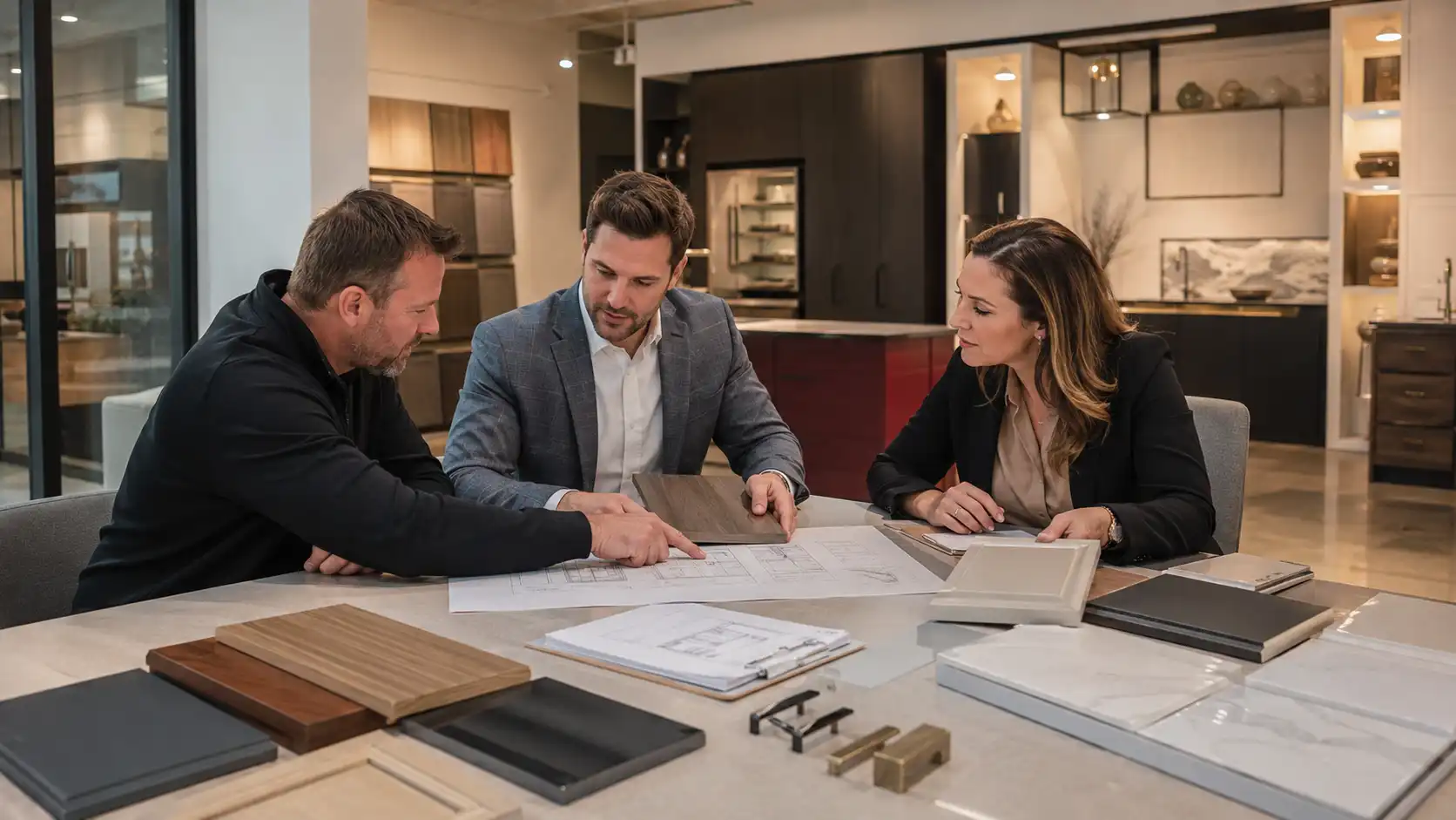 Project buyers reviewing custom cabinet samples and drawings for a B2B purchase.