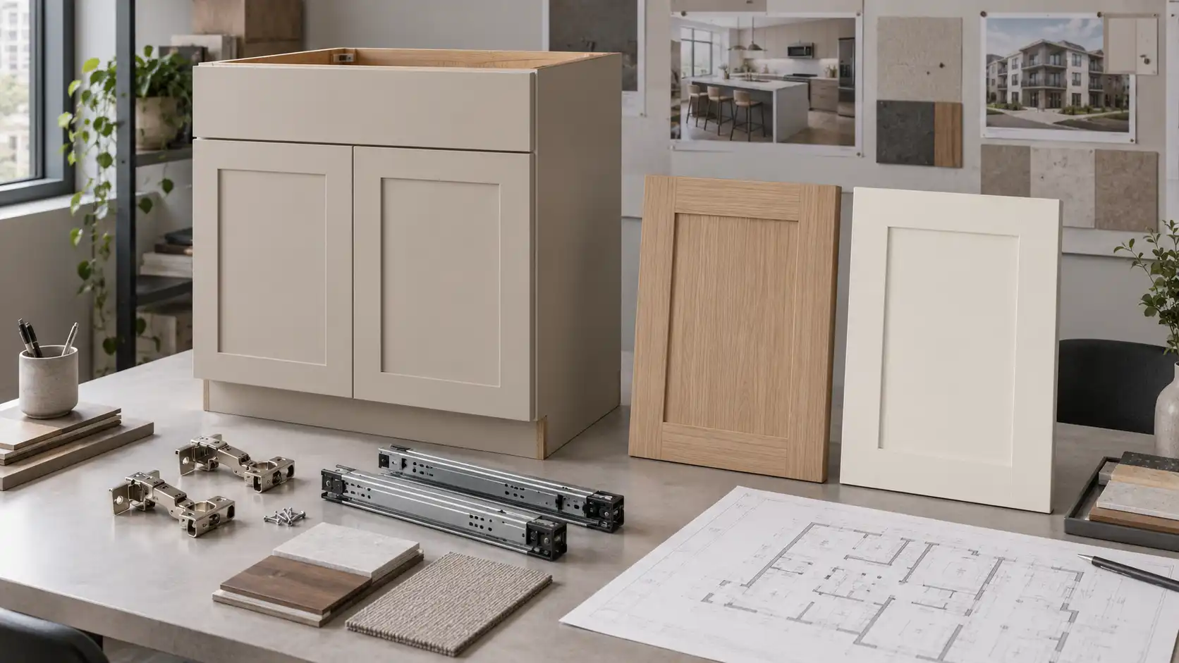 Cabinet sample, hardware, and drawings for evaluating a custom cabinet manufacturer in China.