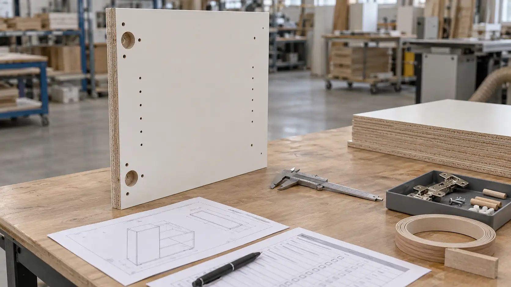 2026 09 07 10 46 05 Cabinet component beside a drawing and inspection sheet for checking production revisions.