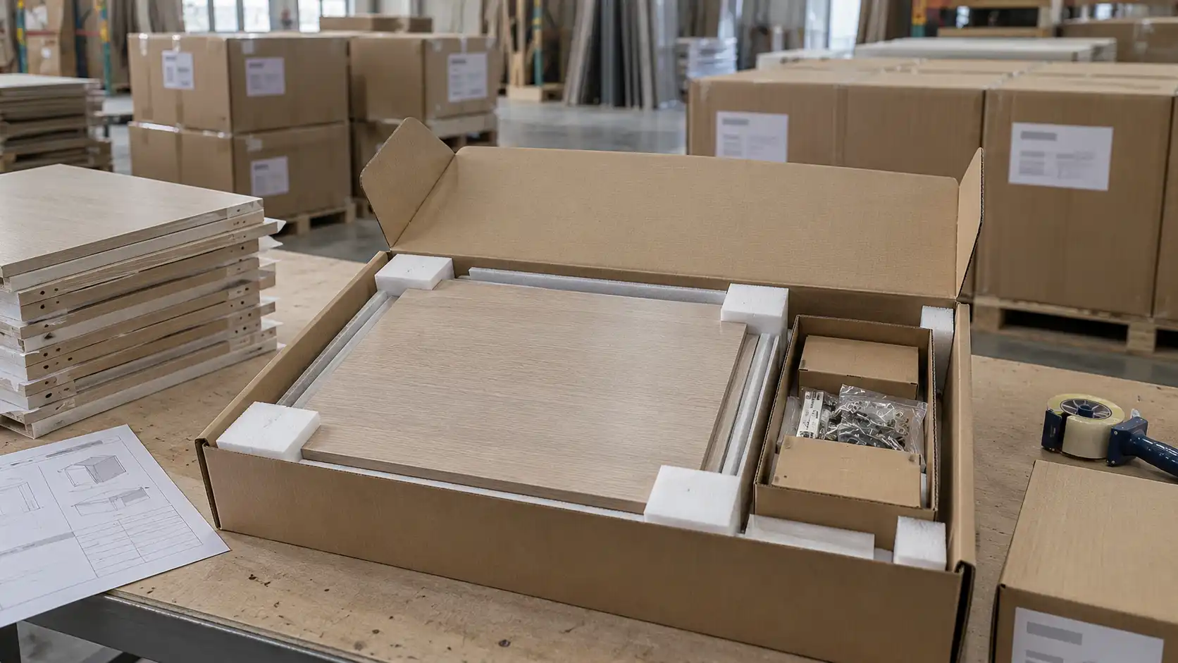 2026 09 07 10 46 06 Cabinet panels packed with corner protection and separate hardware for traceable project delivery.