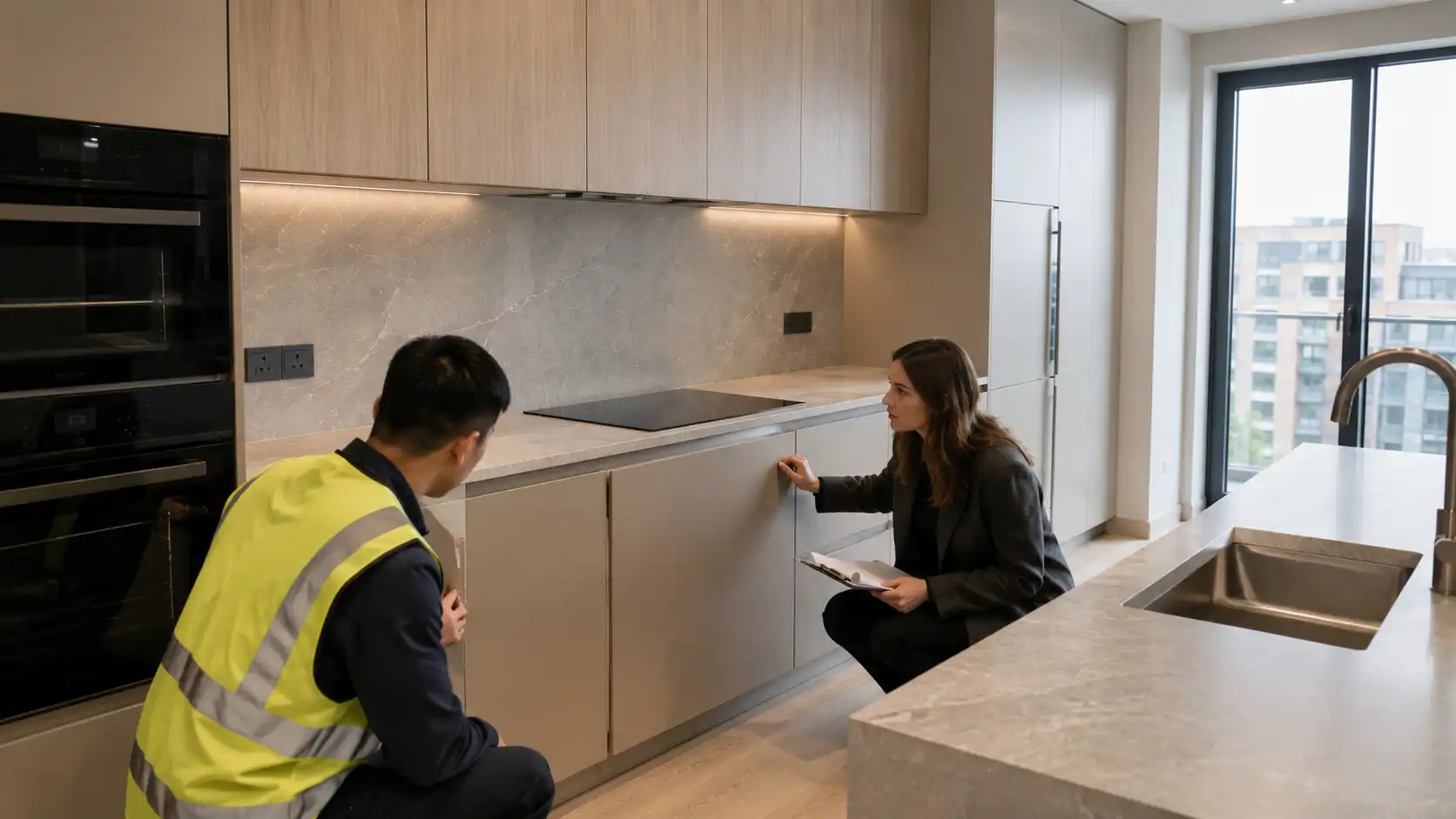 Contractor checking a pilot apartment kitchen before multi-unit cabinet release.