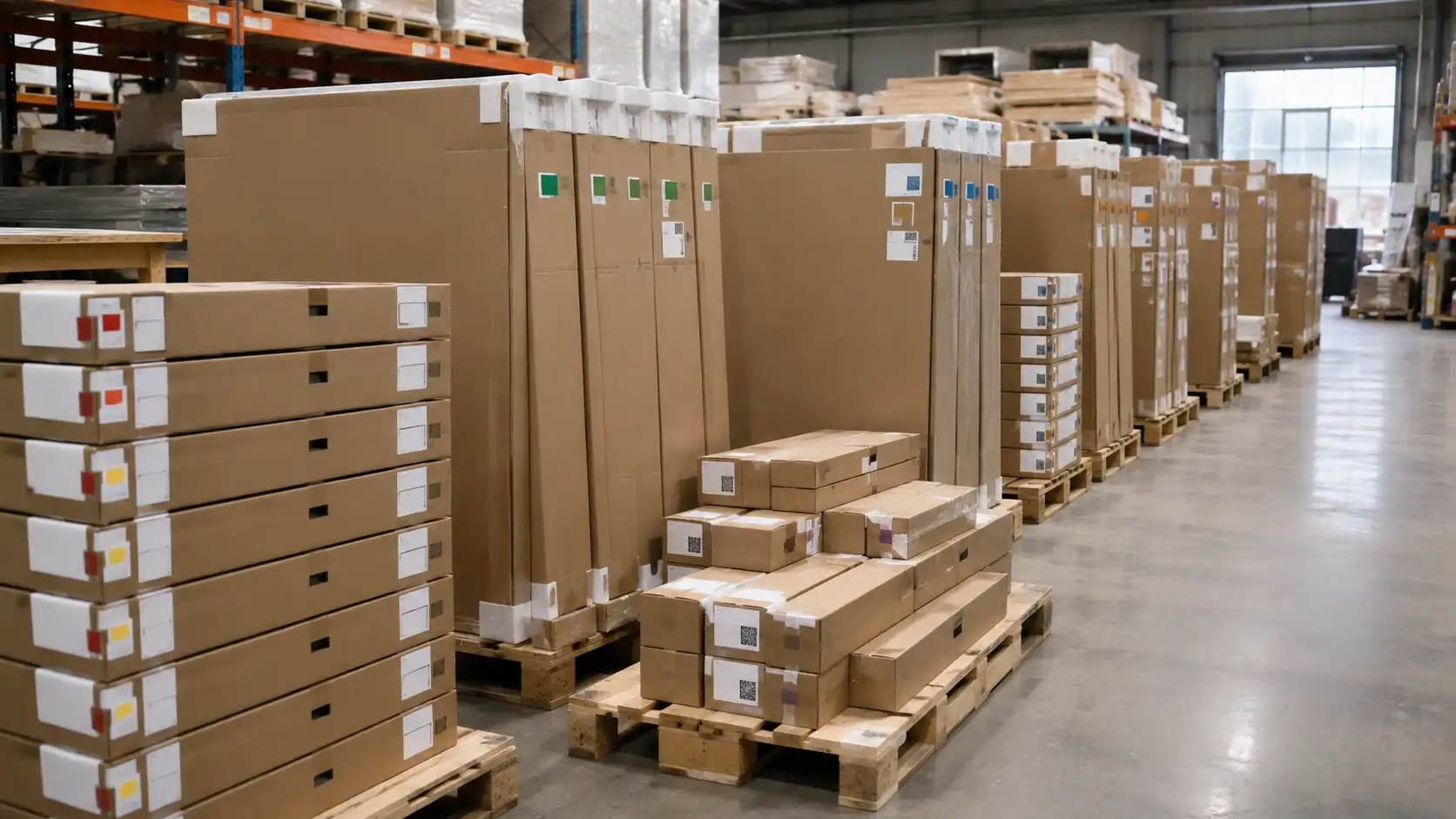 Flat-pack cabinet cartons organized by unit code for apartment project installation.