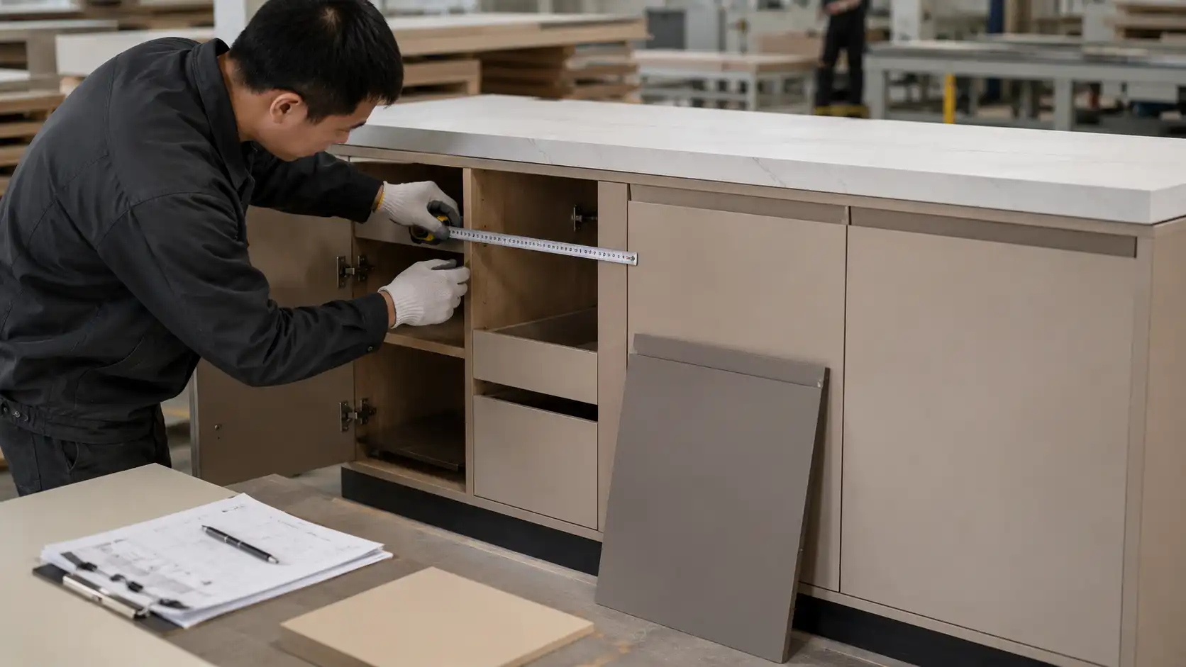 Factory inspector checking cabinet dimensions and finish before shipment.