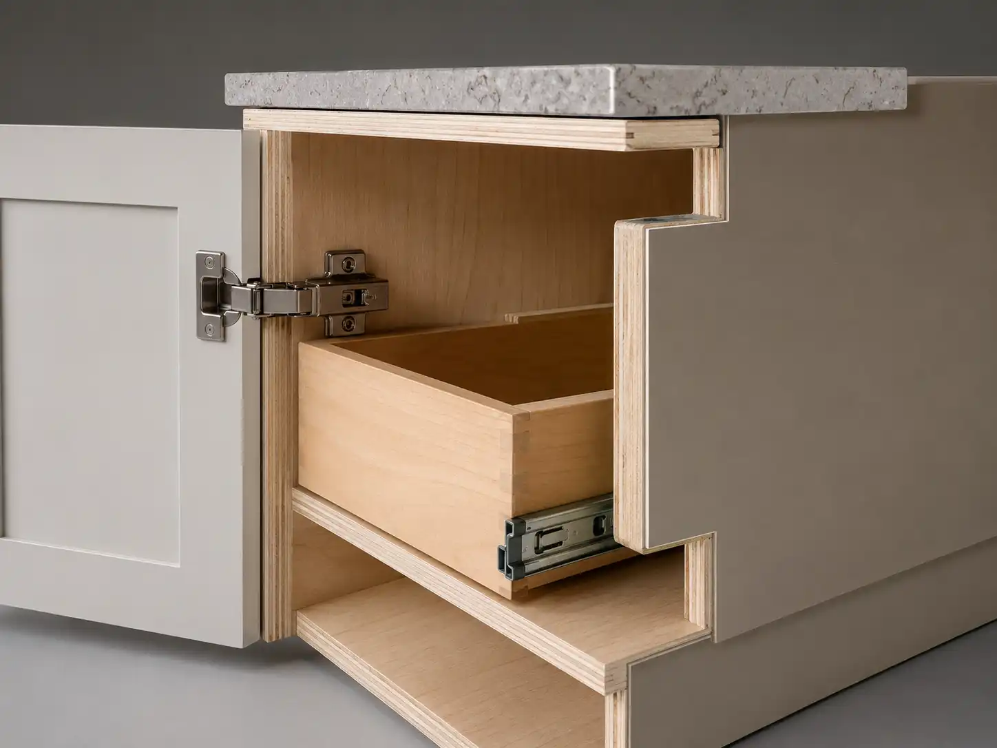 Moisture-resistant cabinet carcass with sealed edges for a multi-unit kitchen sink base.