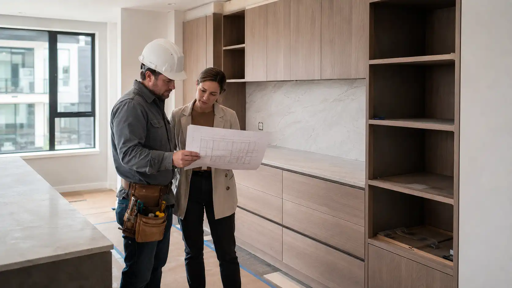 multi-unit cabinet project mistakes — contractor and designer reviewing custom cabinets.