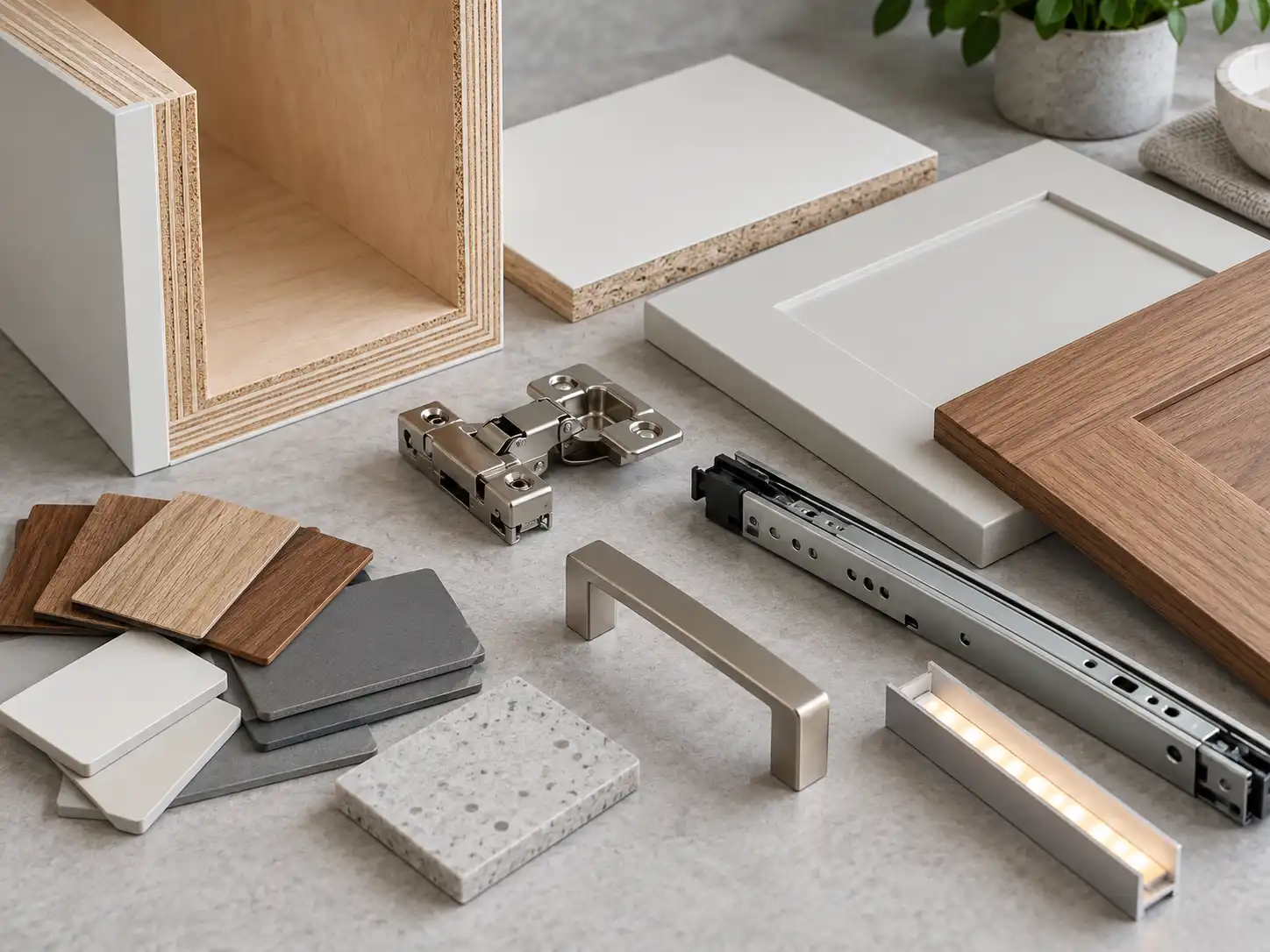 week 02 cabinet cost drivers material details Cabinet material, finish, edge banding, and hardware samples that affect a custom cabinet quotation.