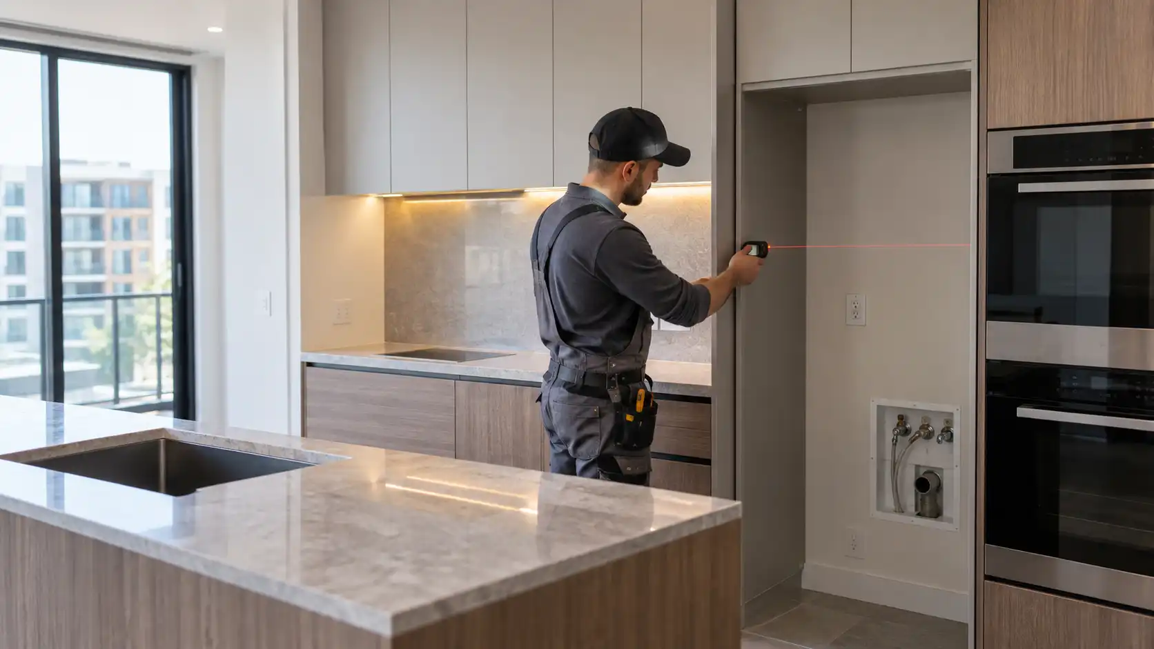 week 02 cabinet installation interface check Custom kitchen cabinet installation showing appliance, countertop, and utility interfaces to confirm before production.