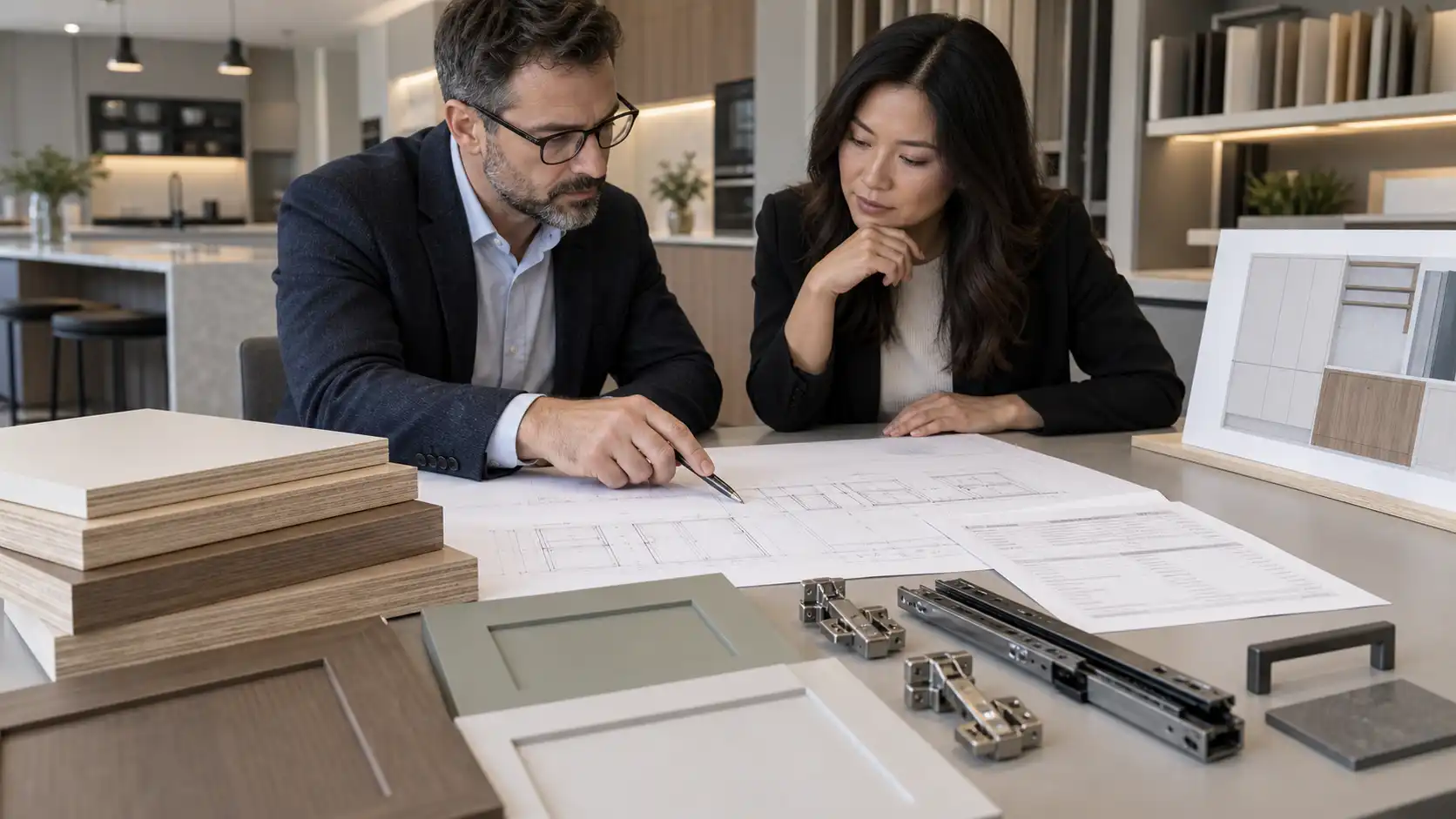 Procurement team reviewing a custom cabinet cost breakdown with material and hardware samples.