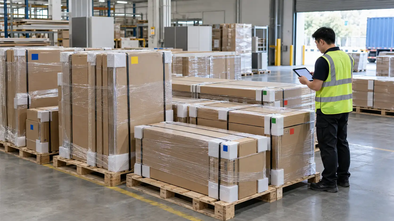 week 02 export packing room coded delivery Export-packed custom cabinet cartons organized by room for overseas project installation.