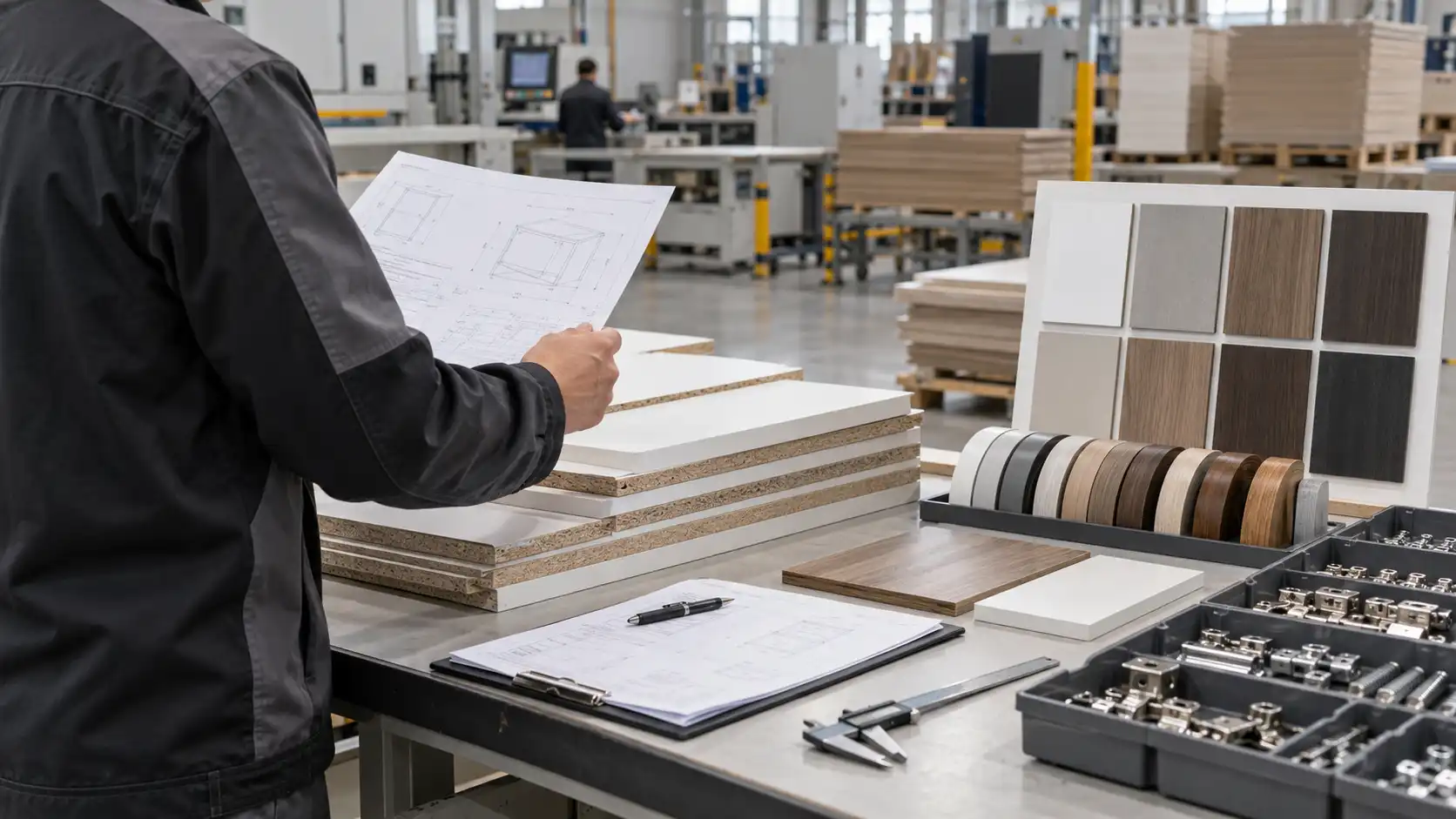 Cabinet factory quality review of panel edges shop drawings and finish samples.