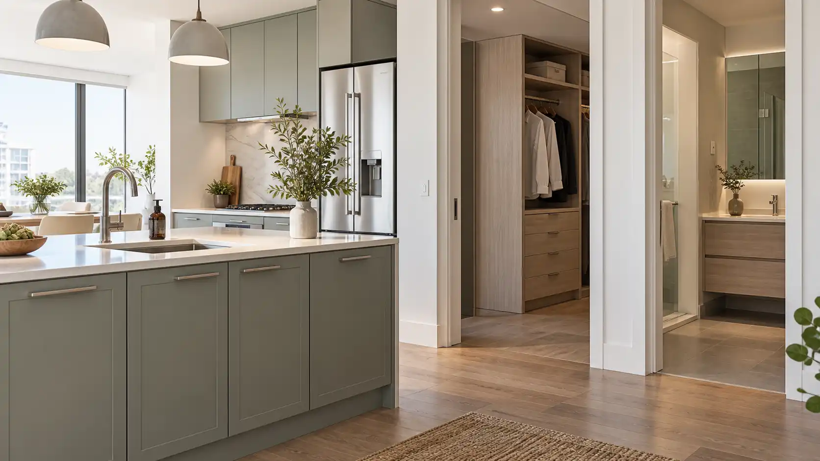 Kitchen wardrobe and bathroom vanity showing cabinet materials selected by room conditions.